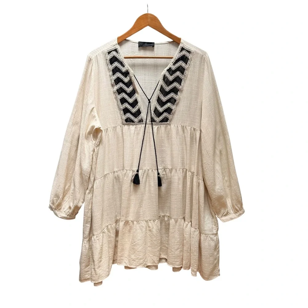Zara Dress Womens XL Cream Embroidered Tassel Boho Tiered Babydoll Tunic Mini - Picture 2 of 11